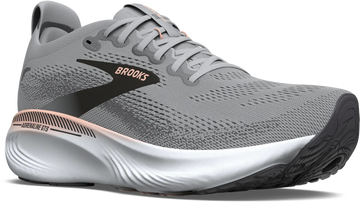 Quarter turn view Women's Brooks Footwear style name Adrenaline GTS 25 Narrow in color GR/BKP/COR. Sku: 120443-2A032
