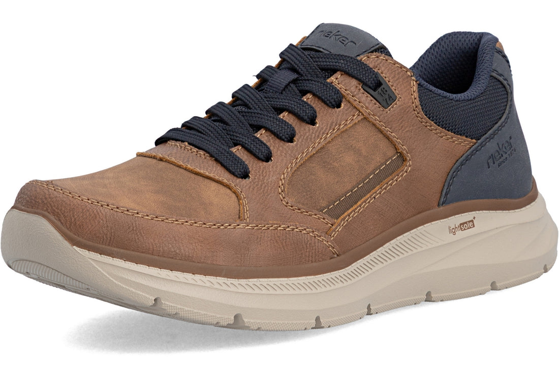 A single brown and navy blue athletic sneaker with a beige sole, shown from a three-quarters angle on a white background.
