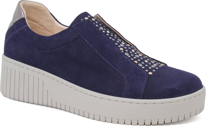 Blue sneaker with a white sole on a white background