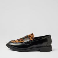 A single black leather loafer with a leopard-print suede vamp, shown in profile against a light gray background.