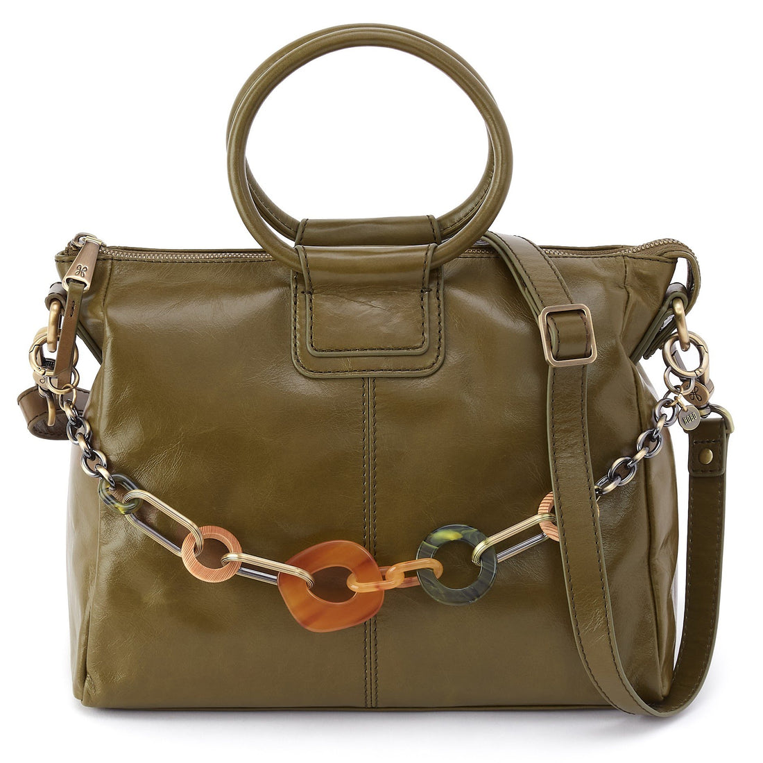 Green leather handbag with chain detail on a white background