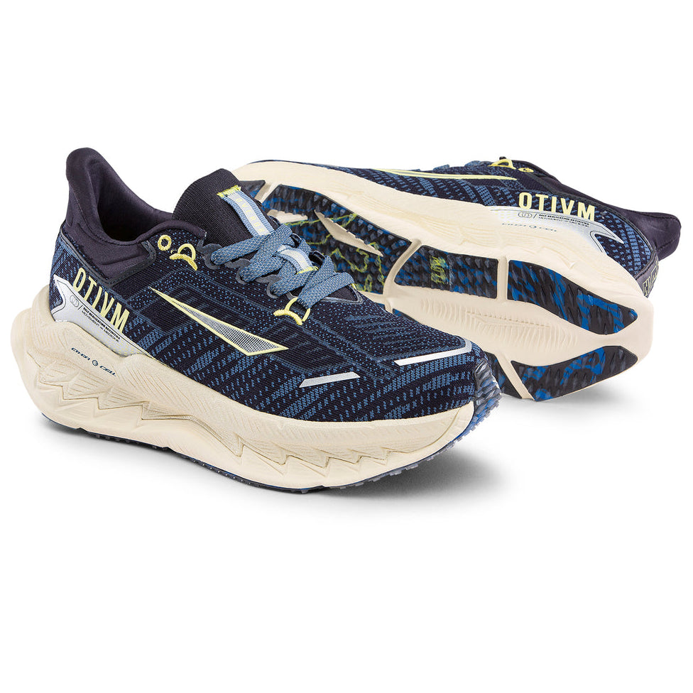 Navy and beige running shoes with &