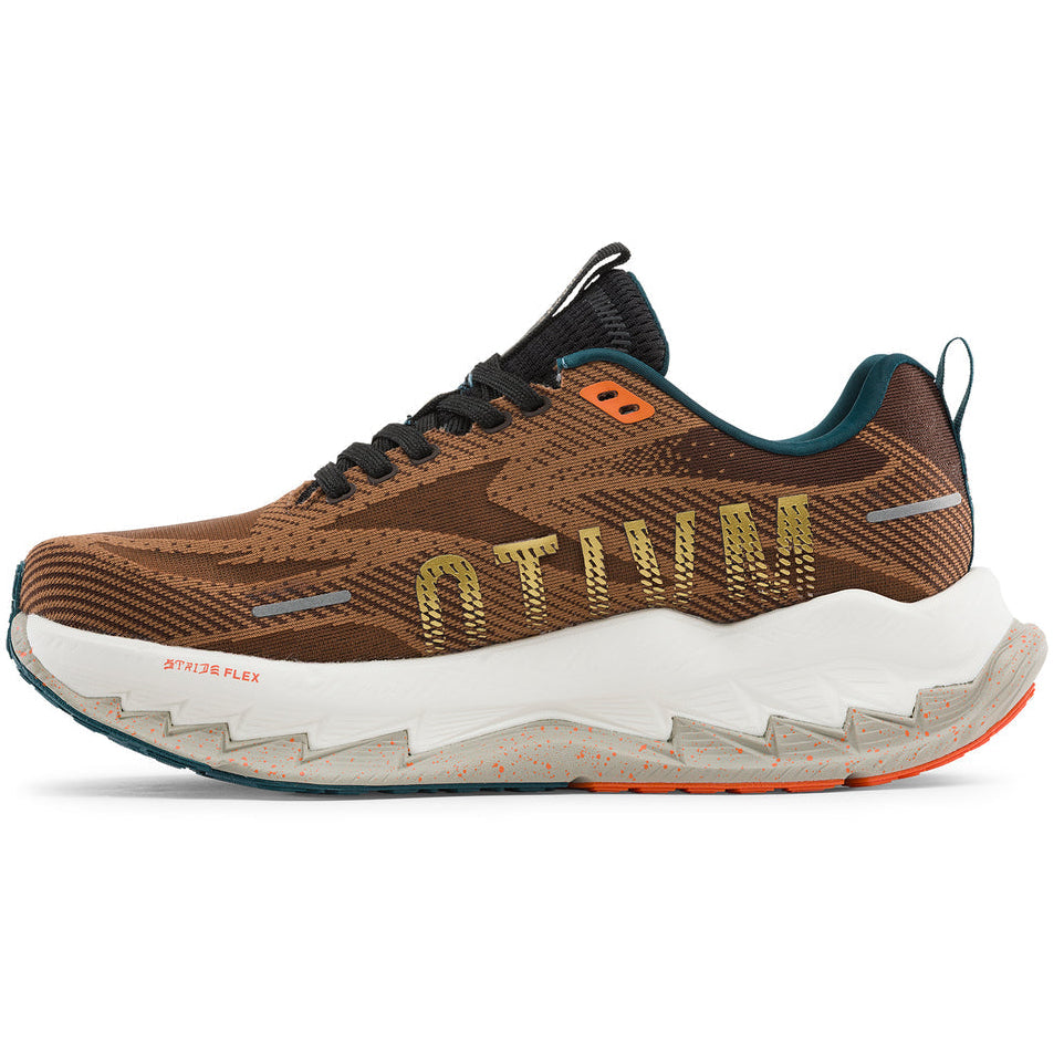 A single running shoe shown in profile against a solid white background. The shoe features a brown textured knit upper with a prominent gold &