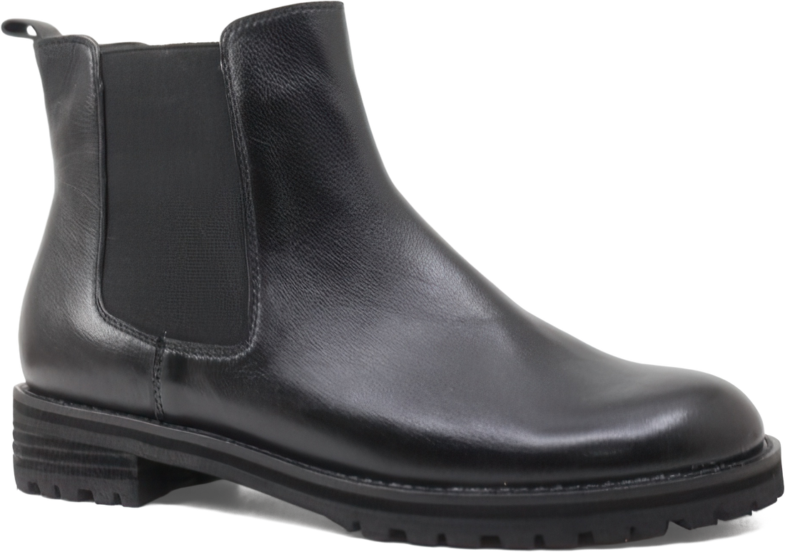 Black leather Chelsea boot on a white background